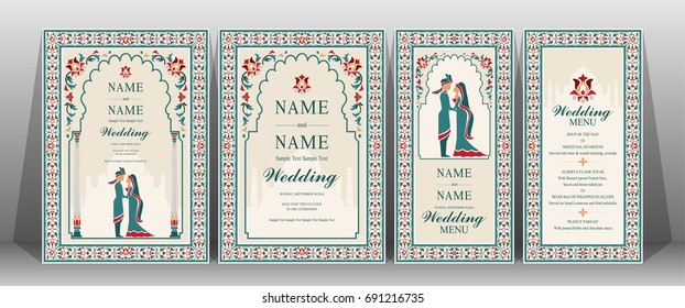 Indian wedding Invitation card templates with Taj Mahal flower patterned.