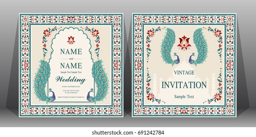 Indian Wedding Invitation Card Templates With Flower, Peacock Patterned.