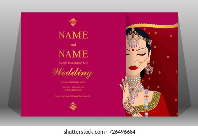 Indian Wedding Invitation Card Templates With Women Traditional Dress And Henna Hand On Background Color.