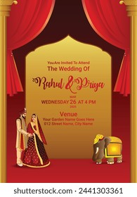 Tarjeta de invitación de boda india, con ilustración vectorial de pareja india