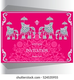 Indian wedding invitation, Elephant patterned gold and crystals color.