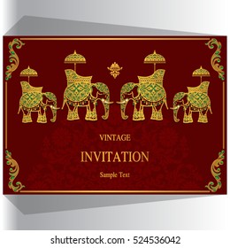 Indian wedding invitation, Elephant patterned gold and crystals color.