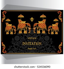 Indian wedding invitation, Elephant patterned gold and crystals color.