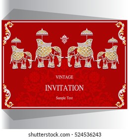 Indian wedding invitation, Elephant patterned gold and crystals color.