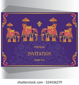 Indian wedding invitation, Elephant patterned gold and crystals color.