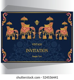 Indian Wedding Invitation, Elephant Patterned Gold And Crystals Color.