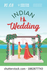 Indian wedding invitation flat vector template. Hindu couple engagement celebration. Brochure, booklet one page concept design with cartoon characters. Marriage ceremony flyer, leaflet