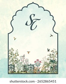 Indian Wedding Invitation, Mughal Wedding Card, Monogram, Watercolor Background. Mughal Garden Illustration.