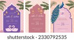 Indian Wedding Invitation and Save the date templates set. Exotic wedding theme with palms and peacock. Vector illustration