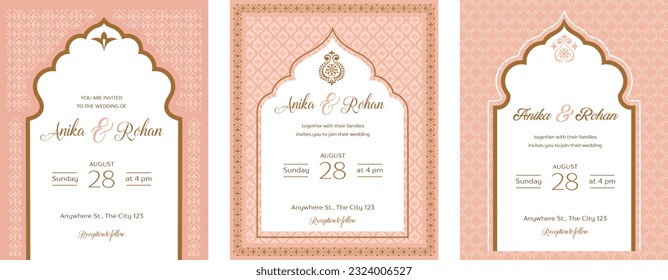 Indian Wedding Invitation and Save the date templates set. Exotic wedding theme with Indian patterns. Vector illustration