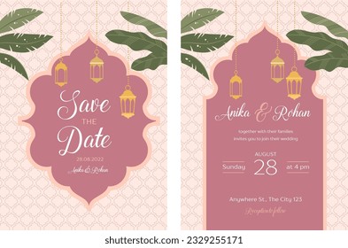 Indian Wedding Invitation and Save the date templates set. Exotic wedding theme with palms and lanterns. Vector illustration