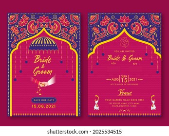 Indian Wedding Invitation Template Layout With Event Details In Pink And Blue Color.