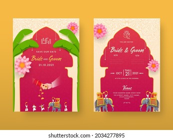 Indian Wedding Invitation Template Layout In Front And Back View On Yellow Background.