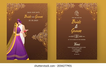 Indian Wedding Invitation Template Layout In Front And Back View.