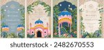 Indian wedding invitation. Vector illustration of temple, arch with column, tropical plant, peacock, lantern, floral frame, border for greeting card, flyer, poster or background. Mughal pichwai garden