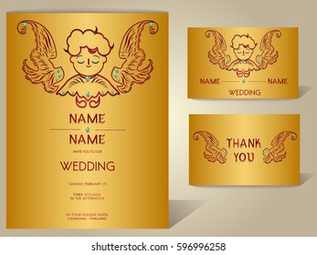 Indian wedding invitations card templates with cupid elements,gold and diamonds.Vector illustration