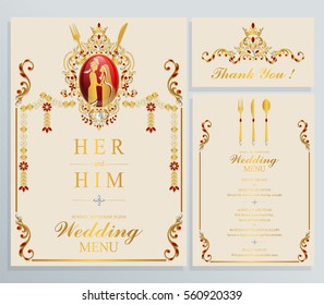 Indian wedding Menu card templates with gold patterned and crystals on paper color.