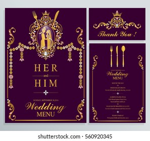 Indian wedding Menu card templates with gold patterned and crystals on paper color.