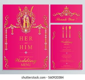 Indian wedding Menu card templates with gold patterned and crystals on paper color.