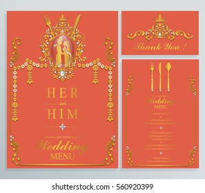Indian wedding Menu card templates with gold patterned and crystals on paper color.
