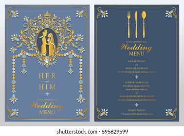 Indian wedding Menu card templates with gold patterned and crystals on paper color.