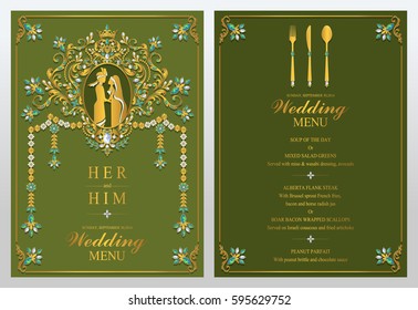 Indian wedding Menu card templates with gold patterned and crystals on paper color.