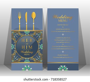 Indian wedding menu card templates with gold patterned and crystals on paper color.
