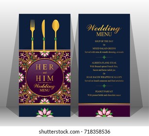 Indian wedding menu card templates with gold patterned and crystals on paper color.
