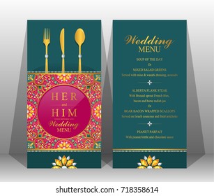 Indian wedding menu card templates with gold patterned and crystals on paper color.