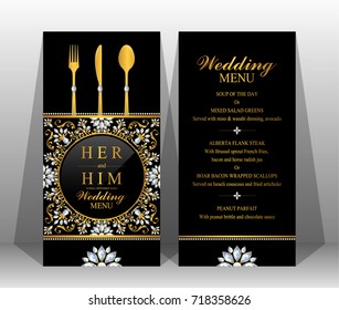 Indian wedding menu card templates with gold patterned and crystals on paper color.