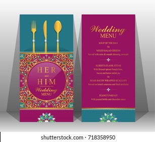Indian wedding menu card templates with gold patterned and crystals on paper color.