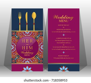 Indian wedding menu card templates with gold patterned and crystals on paper color.