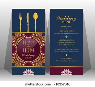 Indian wedding menu card templates with gold patterned and crystals on paper color.