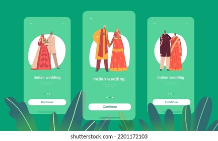 Indian Wedding Mobile App Page Onboard Screen Template. Happy Groom and Bride Characters Wear Festive Clothes, Newlywed Man and Woman Love, Marriage Party. Concept. Cartoon People Vector Illustration