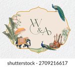 Indian Wedding Monogram Logo, Elephant, Wedding logo featuring peacocks, tradition, luxury, and a palace background