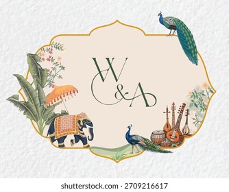 Logotipo indio del monograma de la Boda, elefante, logotipo de la Boda con los pavos reales, la tradición, el lujo, y un fondo del palacio
