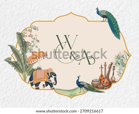 Indian Wedding Monogram Logo, Elephant, Wedding logo featuring peacocks, tradition, luxury, and a palace background