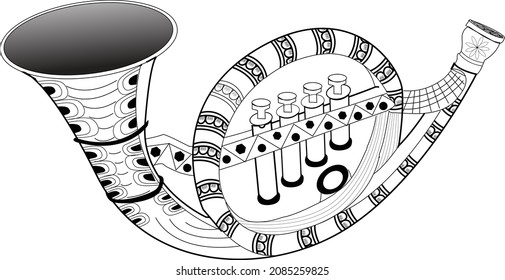 Indian wedding music instrument Brass vector clip art with flower design icon- vector black and white illustration line art.