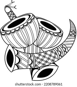 Indian wedding symbol of bigul nagada and shehnai music instrument for wedding card. Indian style marriage clipart black and white line drawing.