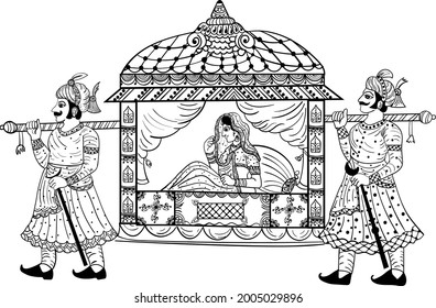 Indian wedding symbol bride in Doli vector line art clip art. Indian wedding clip art two-men and bride in Doli vector clip art illustration black and white. 