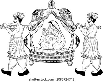 Indian wedding symbol bride in Doli vector line art clip art. Indian wedding clip art two-men and bride in Doli vector clip art illustration black and white. 
