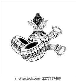 Indian wedding symbol of dhol, kalash,nagada and shehnai music instrument for wedding card. Indian style marriage clipart black and white line drawing.