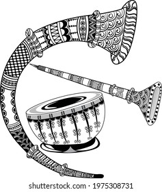 Indian wedding symbol of dhol nagada and shehnai music instrument for wedding card. Indian style marriage clipart black and white line drawing.