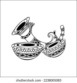 Indian wedding symbol of dhol nagada and shehnai music instrument for wedding card. Indian style marriage clipart black and white line drawing.
