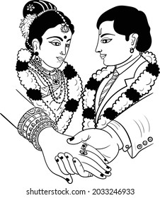  INDIAN WEDDING SYMBOL INDIAN GROOM AND BRIDE BLACK AND WHITE LINE DRAWING CLIP ART. INDIAN WEDDING HATHLEVA CLIP ART SYMBOL
