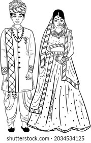 Indian wedding symbol groom and bride clip art line art drawing. Indian husband wife vector illustration of wedding marriage symbo
