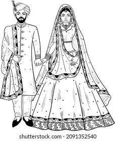 Indian Wedding Symbol Groom And Bride Clip Art Line Art Drawing. Indian Husband Wife Vector Illustration Of Wedding Marriage Symbo