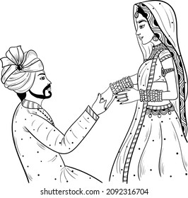  INDIAN WEDDING SYMBOL INDIAN GROOM AND BRIDE BLACK AND WHITE LINE DRAWING CLIP ART. INDIAN WEDDING CLIP ART SYMBOL