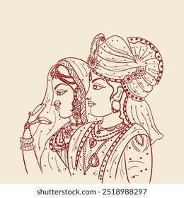 SÍMBOLO DE CASAMENTO INDIANO NOIVA E NOIVA INDIANA, DESENHO DE LINHA CLIP ART, INDIAN COUPLE VETOR