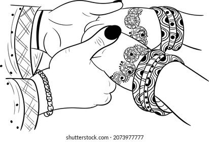 Indian wedding symbol hand of groom and bride, hastmilap function black and white line drawing clip art illustraiton. Indian wedding clip art of hastmilap program. 